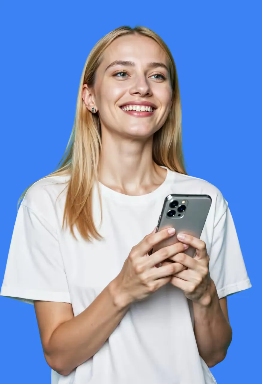Mulher feliz segurando um celular